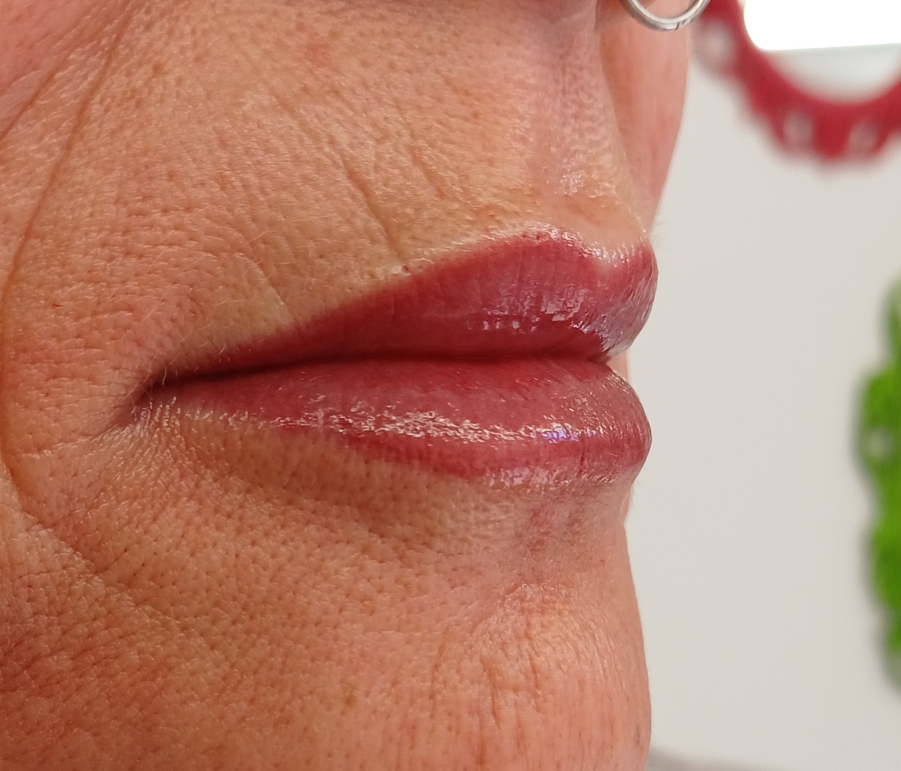 Close-up of lip blush work at Wow the Brow PMU